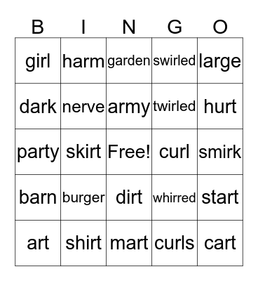 -ar and -ir sounds Bingo Card
