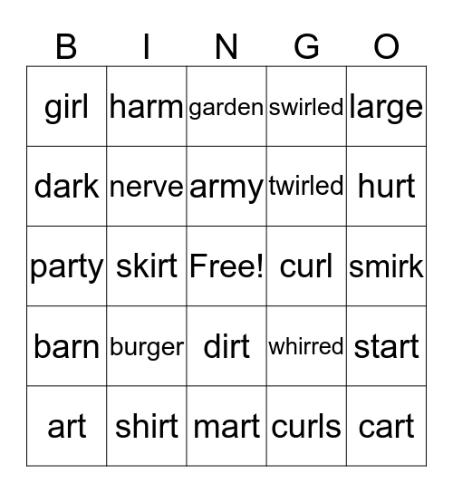 -ar and -ir sounds Bingo Card