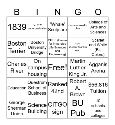 Boston University Bingo Card