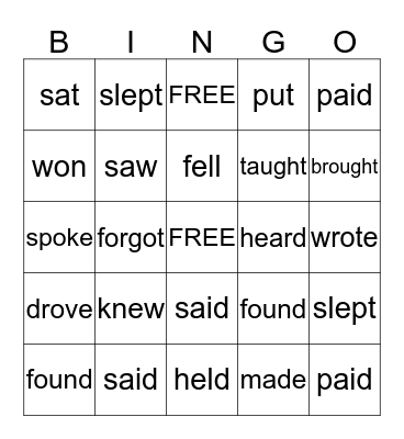 Irregular Verbs Past Tense Bingo Card