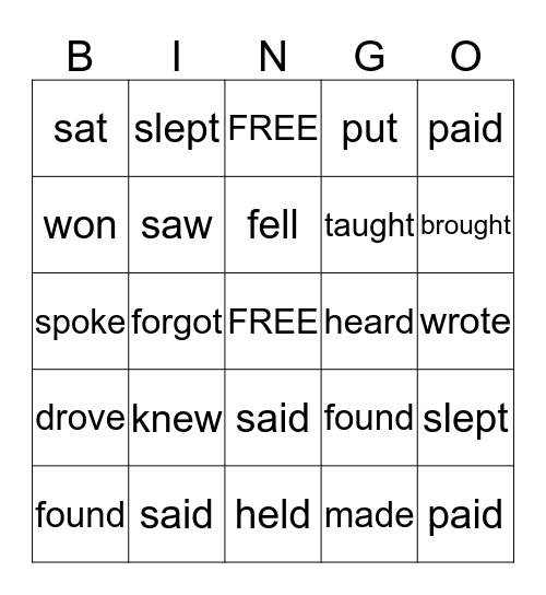 Irregular Verbs Past Tense Bingo Card