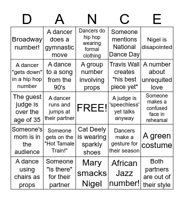 'So You Think You Can Dance' Regular Season Bingo! Bingo Card