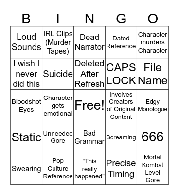 Dusky's Hideout Creepypasta Bingo Card