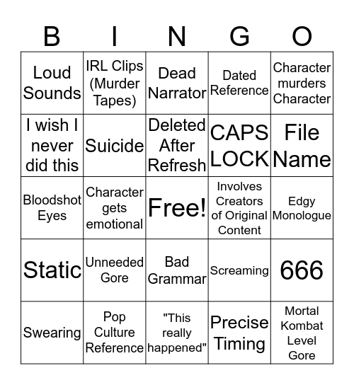 Dusky's Hideout Creepypasta Bingo Card