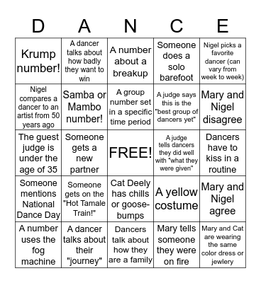 'So You Think You Can Dance' Regular Season Bingo! Bingo Card