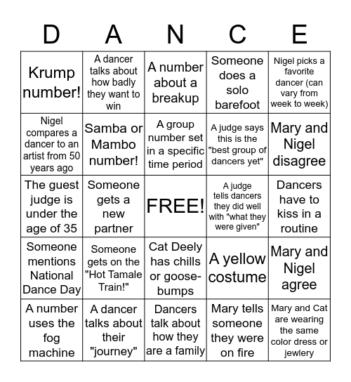 'So You Think You Can Dance' Regular Season Bingo! Bingo Card