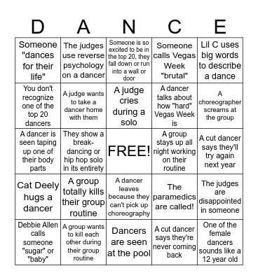 'So You Think You Can Dance' Vegas Week/Top 20 Bingo! Bingo Card