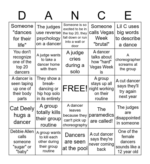 'So You Think You Can Dance' Vegas Week/Top 20 Bingo! Bingo Card