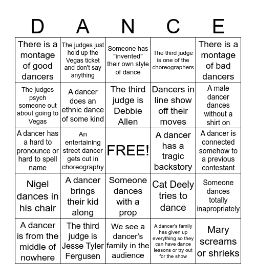 'So You Think You Can Dance' Auditions Bingo! Bingo Card