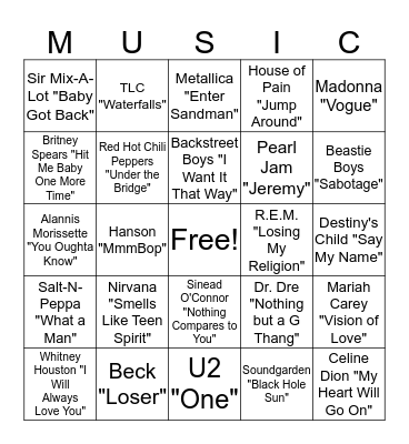 90s songs Bingo Card