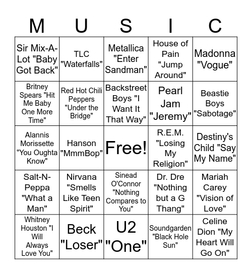 90s songs Bingo Card