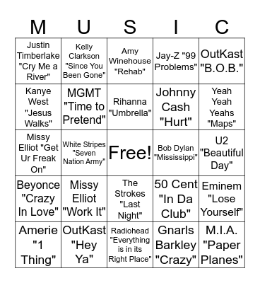 00s Songs Bingo Card