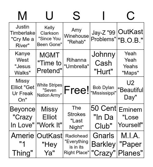 00s Songs Bingo Card