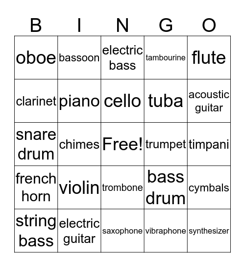 Musical Instrument Bingo Card