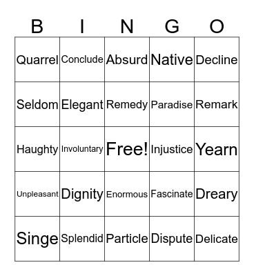 Vocabulary Bingo Card