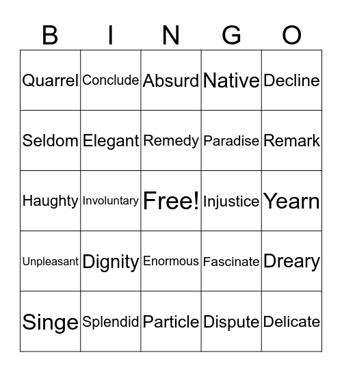 Vocabulary Bingo Card