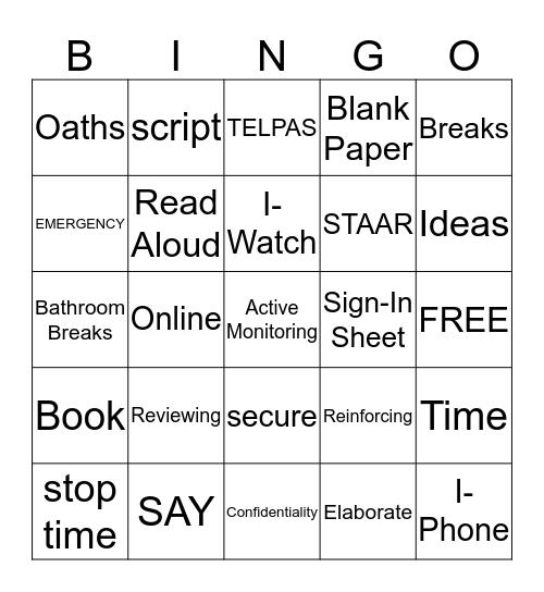 STAAR Training Bingo Card