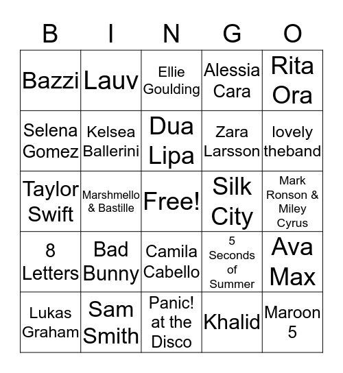 Top 40 Hits of 2019 Bingo Card