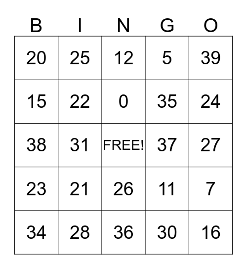 Number Bingo Card