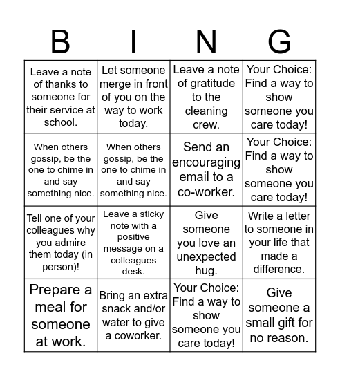 Caring & Compassion Bingo Card