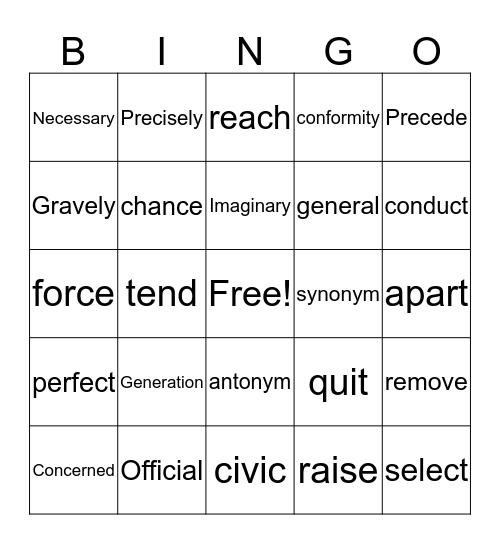 Vocabulary Words  Bingo Card