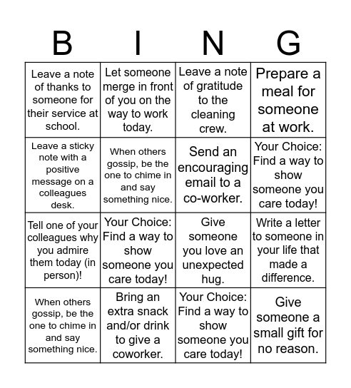 Caring & Compassion Bingo Card