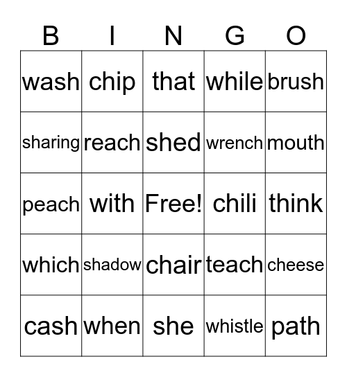 CH/SH/TH/WH Sounds Bingo Card