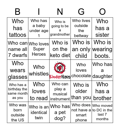 KinderHaus Shuffle  Bingo Card