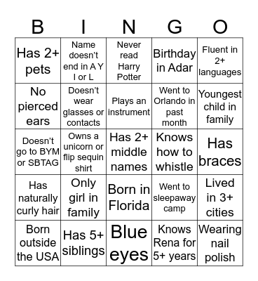 Bat Mitzvah Bingo Card