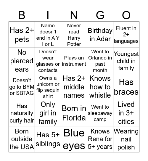 Bat Mitzvah Bingo Card