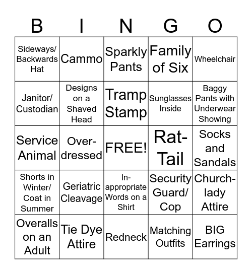 People Watching Bingo Card