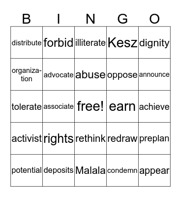 Workshop I Vocabulary Bingo Card