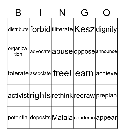 Workshop I Vocabulary Bingo Card