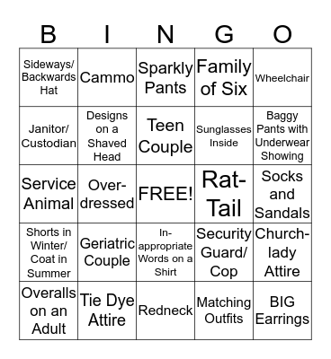 People Watching Bingo Card