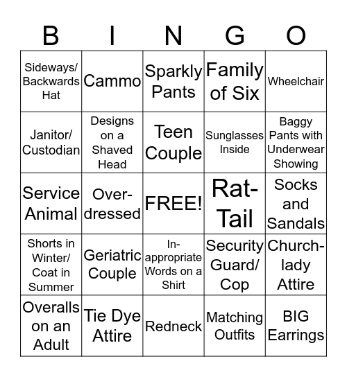 People Watching Bingo Card