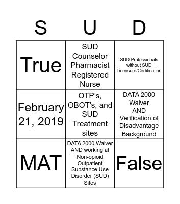 SUD Bingo Card