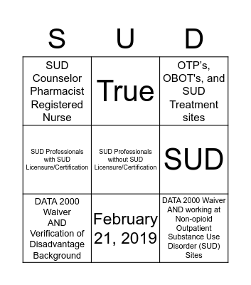SUD Bingo Card