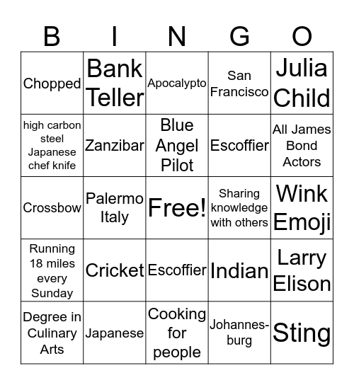 Chef Spotlight Bingo Card