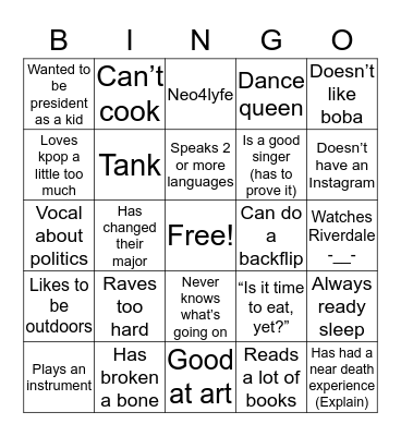 Get to Know You Bingo Card