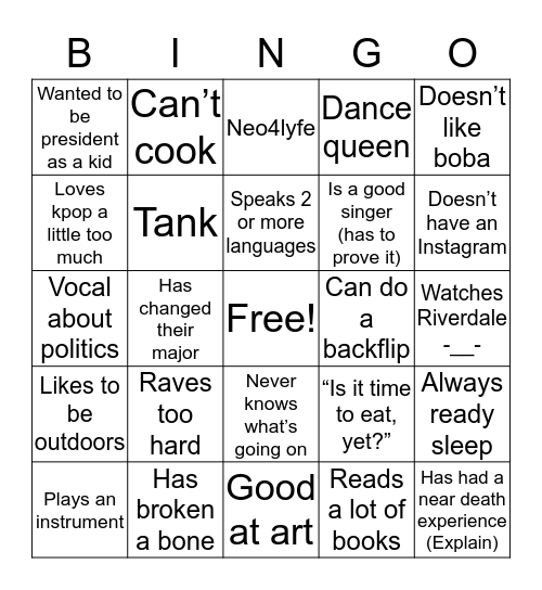 Get to Know You Bingo Card
