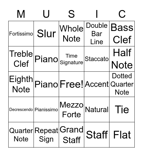 Musical Bingo Card