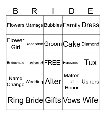 Bridal Bingo Card