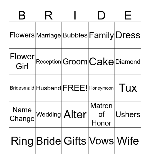 Bridal Bingo Card