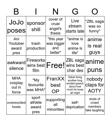 Anime Awards 2019 (YIKES) Bingo Card