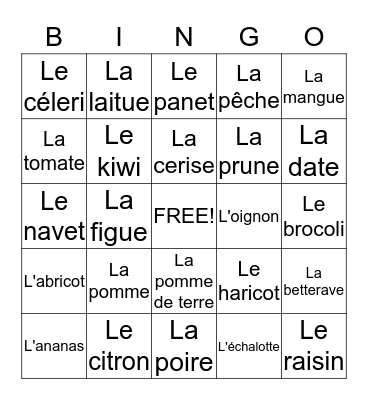 Fruits et légumes Bingo Card