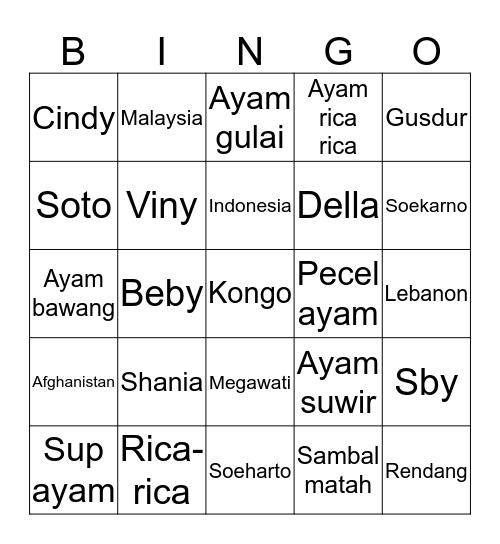 Sonya Bingo Card