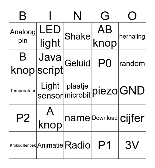 Microbit 101 Bingo Card