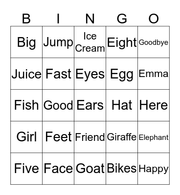 E F G Bingo Card