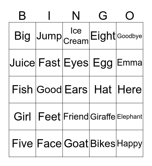 E F G Bingo Card