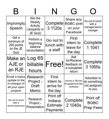 February 18th - March 1st Bingo Card